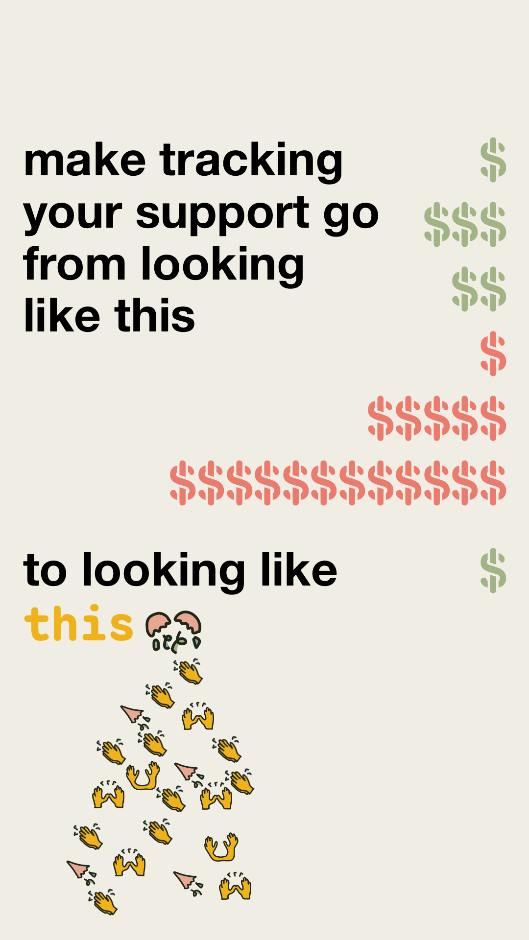 representation of slowclap's model where a single subscription can be allocated to many creators. Text reads: make tracking your support go from looking like this (with lots of $ line items) to looking like this (a single $ line item and a pinata exploding into applause icons